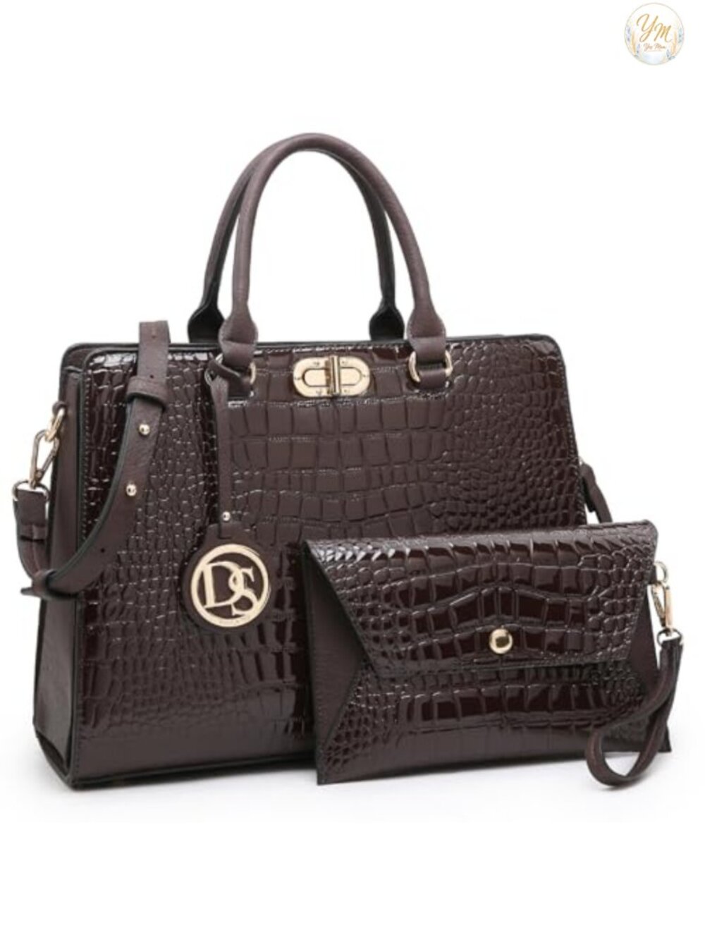 Vegan Leather Crocodile Print Satchel Tote with Matching Clutch